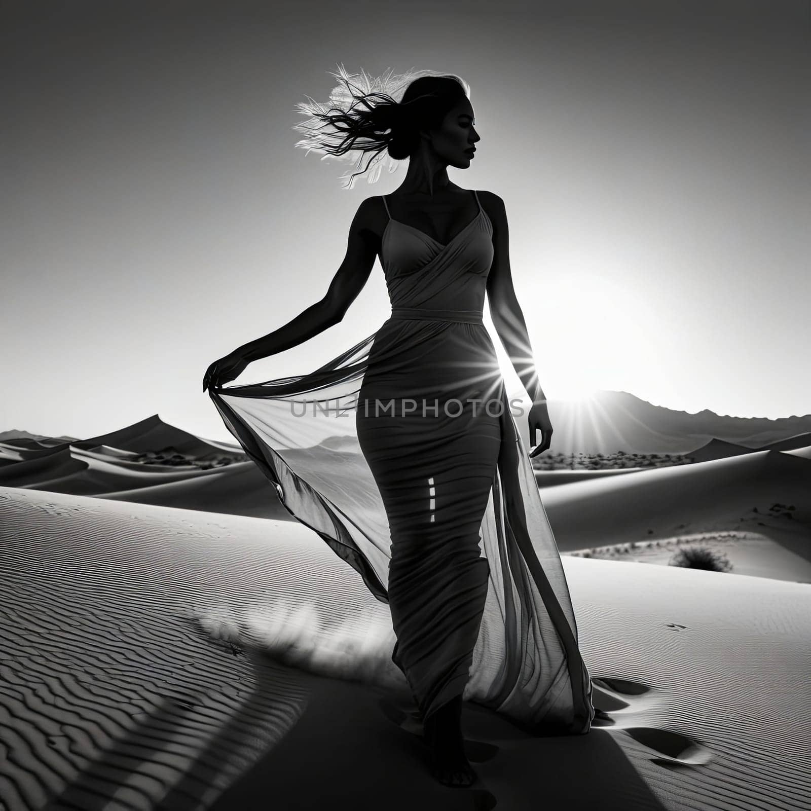 Captivating scene featuring woman in silhouette, surrounded by vast desert under moonlight. Her flowing hair and dress dance in the wind, embodying grace and mystery in enchanting landscape