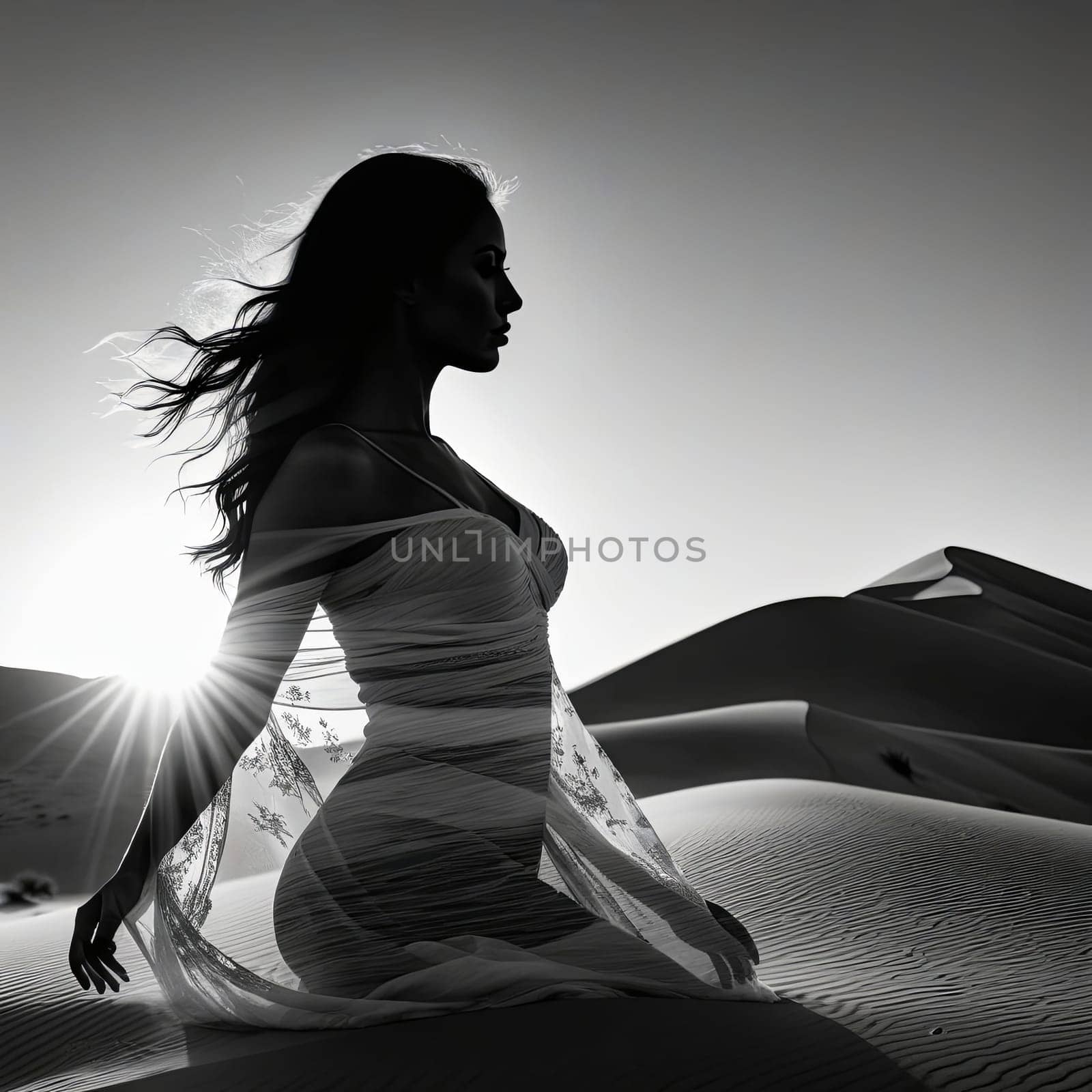 Enigmatic silhouette of woman against moonlit backdrop. Flowing gown and windswept hair create a captivating scene, inviting viewers to explore themes of beauty and mystery in nature