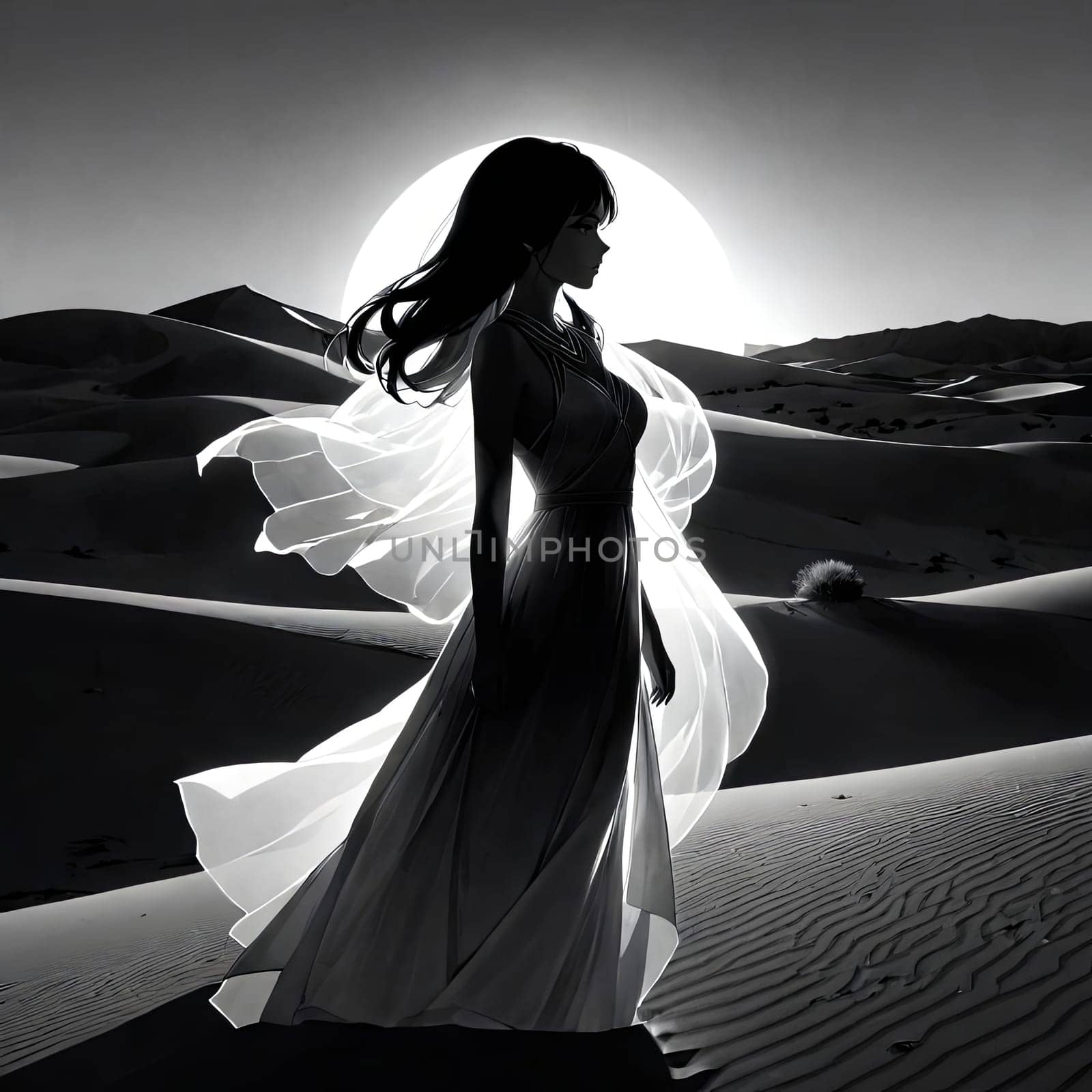 Serene silhouette of woman in desert, illuminated by soft moonlight. Flowing hair and dress convey a sense of movement and grace, inviting contemplation of beauty and nature