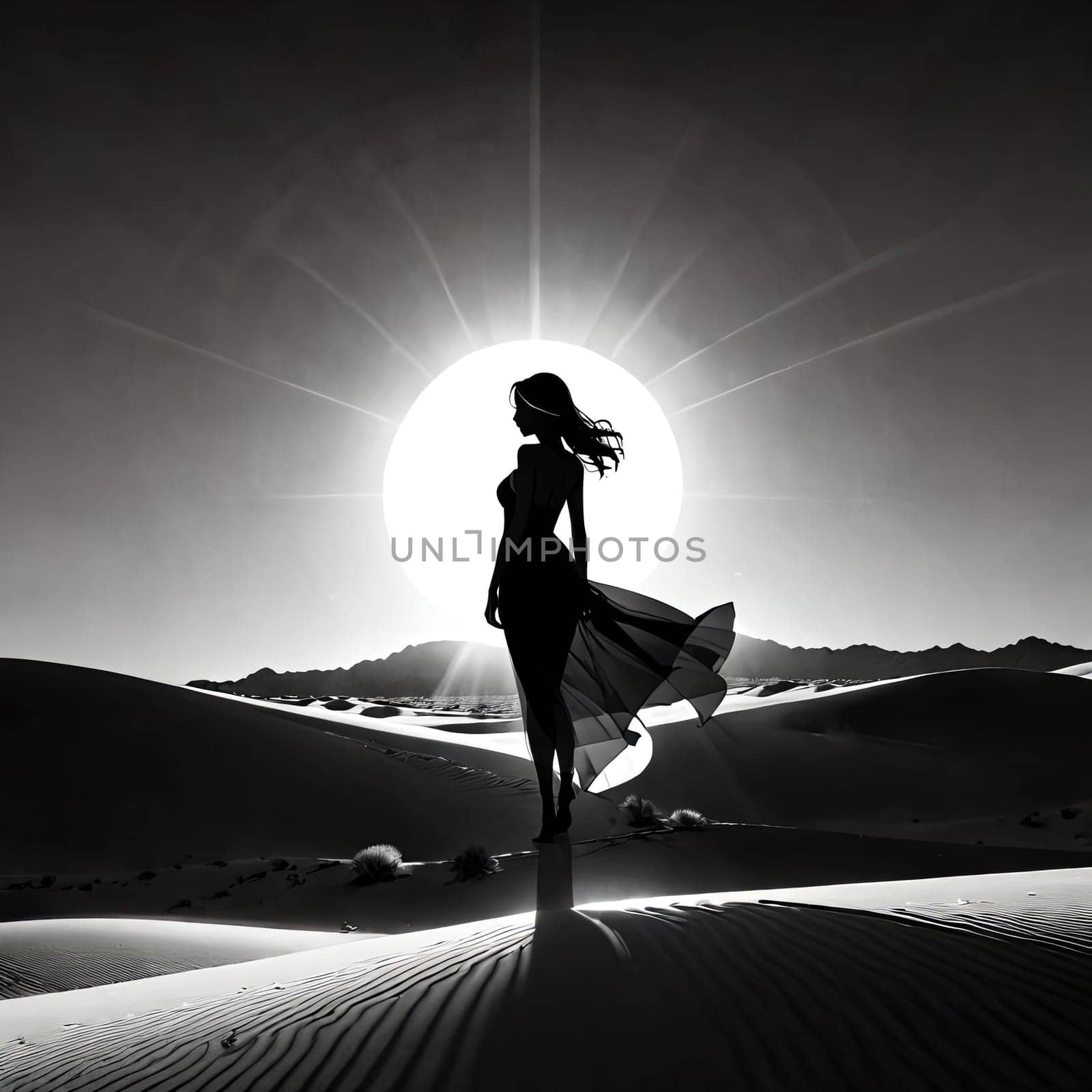 Dreamy scene of woman standing in desert under moonlight. Her elegant silhouette and flowing dress create a sense of peace and enchantment, evoking a spirit of adventure and exploration