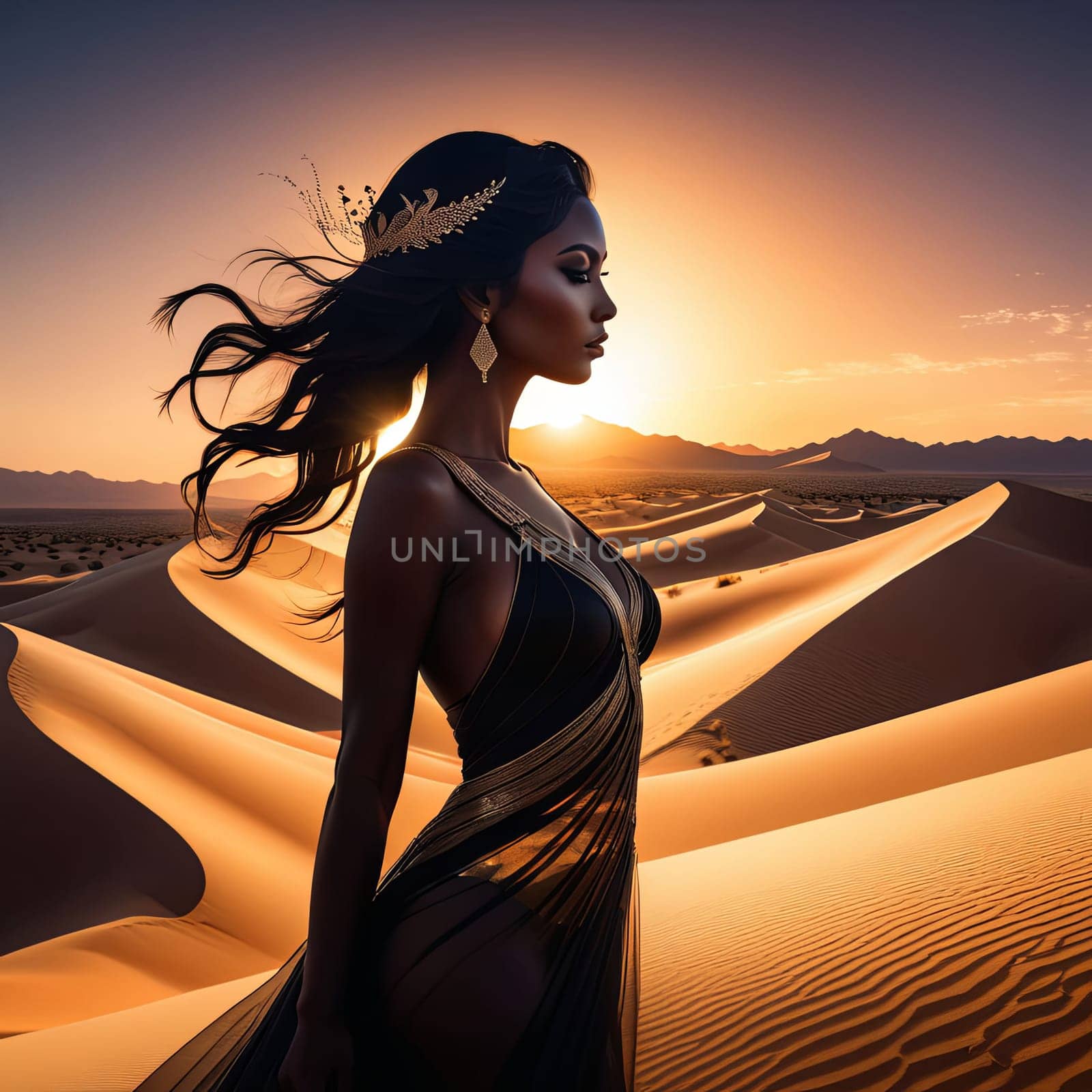 Mesmerizing image of woman in flowing gown, set against radiant moon. Soft winds create magical effect, highlighting her silhouette and evoking emotions of freedom and tranquility