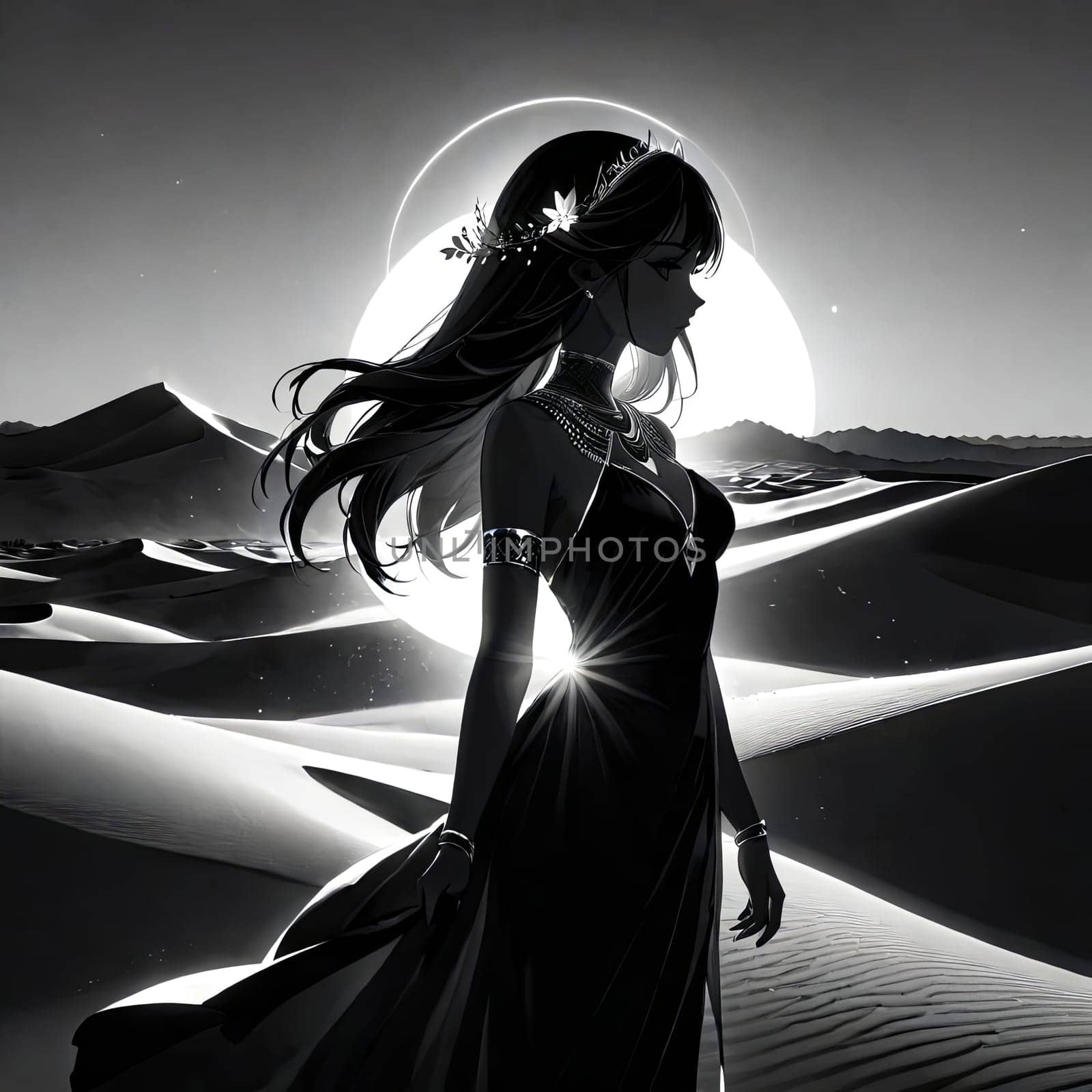 Striking silhouette of woman in flowing gown, set against dramatic moonlit sky. Wind tousles her hair, enhancing the ethereal quality of the moment in a vast, serene landscape
