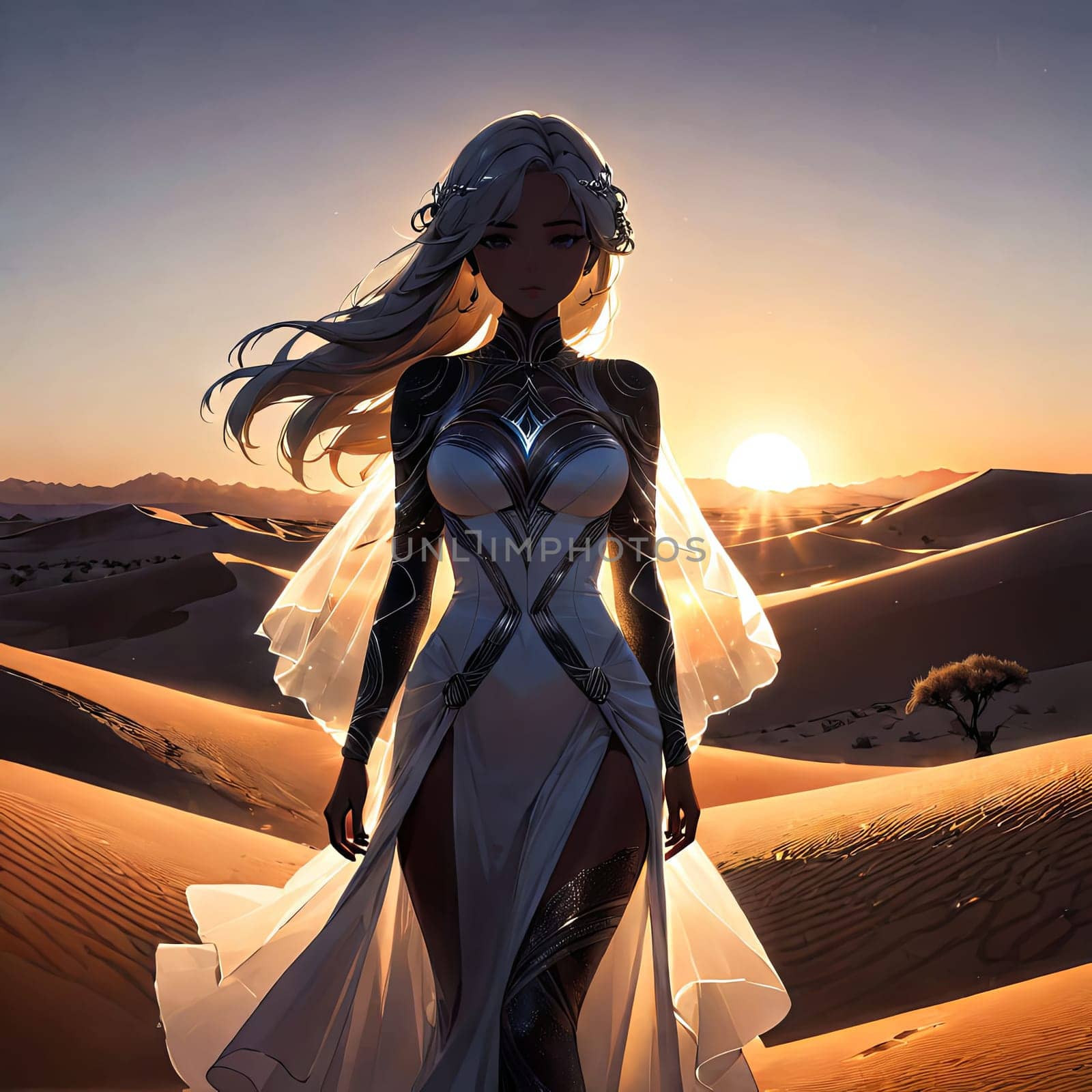 Enchanting portrayal of woman in silhouette, surrounded by moonlit dunes. Flowing hair and dress create a captivating image, symbolizing beauty, grace, and the magic of the night