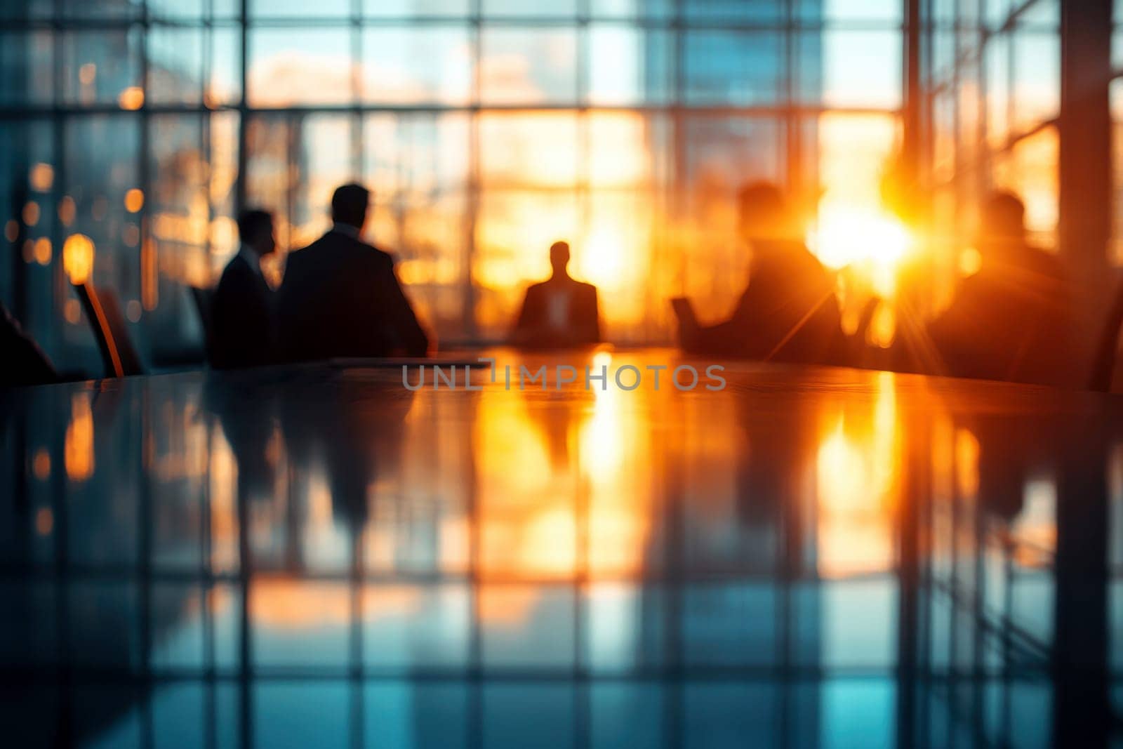 Blurred business people meeting in modern office building conference room. generative ai.