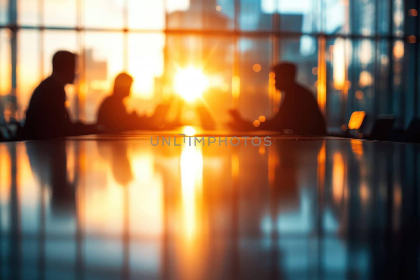 Blurred business people meeting in modern office building conference room. generative ai.
