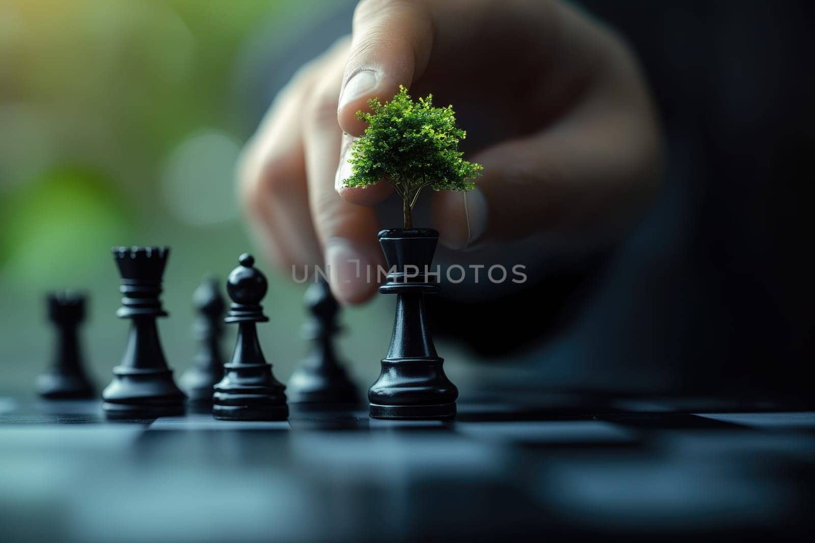 Investment strategy and challenges. Business man moving a chess piece forward..