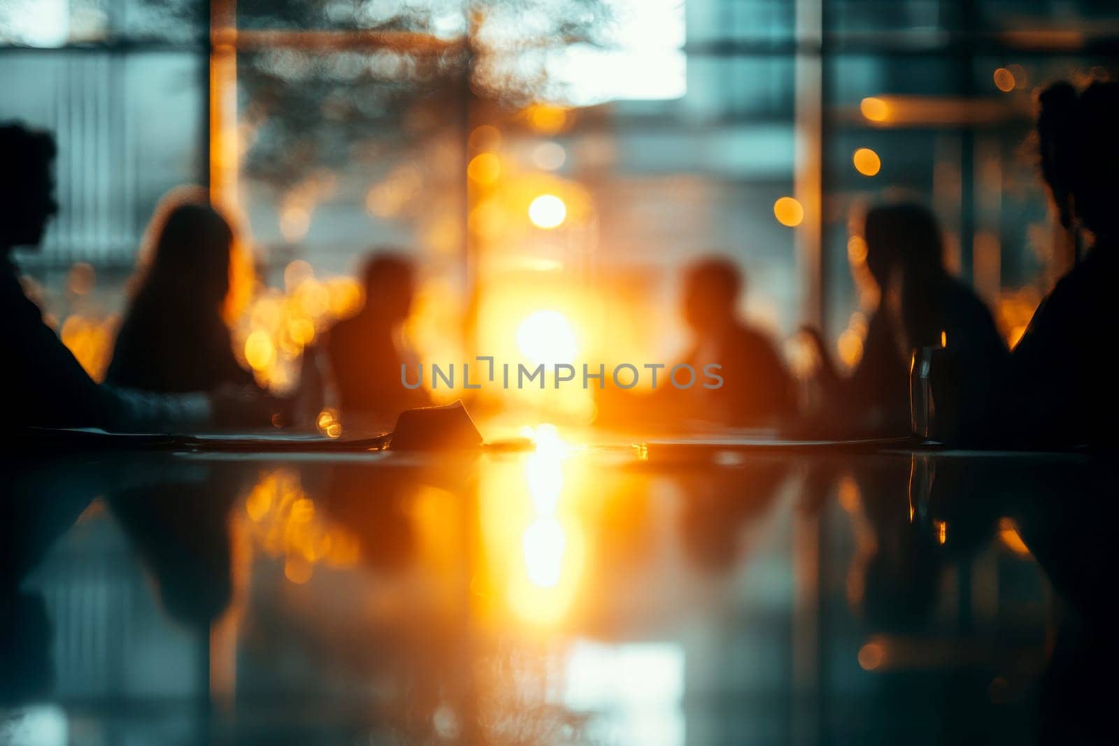 Blurred business people meeting in modern office building conference room. generative ai.