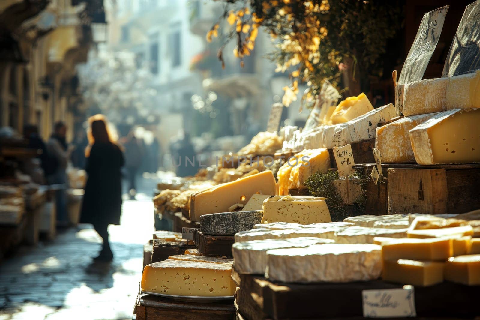 Piedmont fresh cheese wheels on open air market stall in Italy. generative ai.