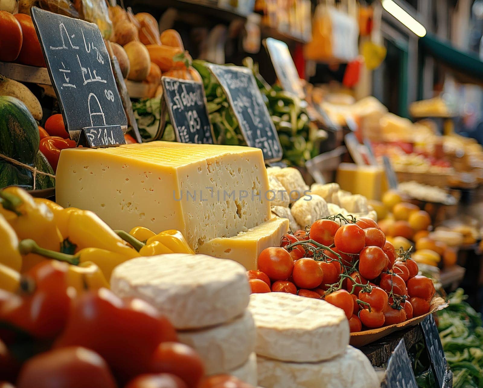 Piedmont fresh cheese wheels on open air market stall in Italy. generative ai.