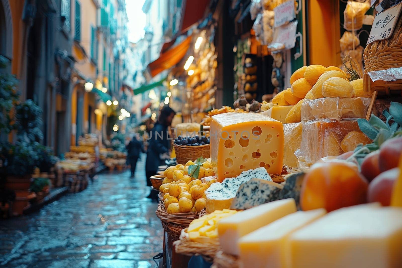 Piedmont fresh cheese wheels on open air market stall in Italy. generative ai.