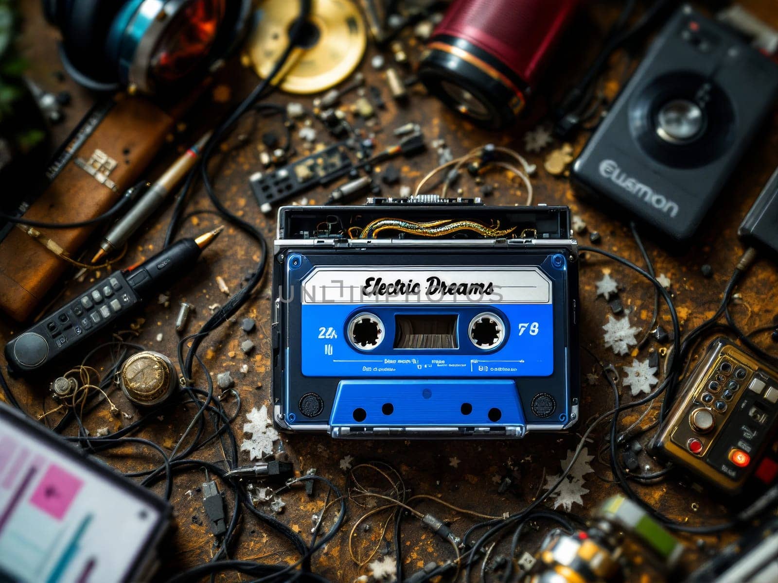 Blue cassette tape labeled Electric Dreams, lying on a rusty surface among various vintage audio devices, evokes nostalgia for the past. Ai generated