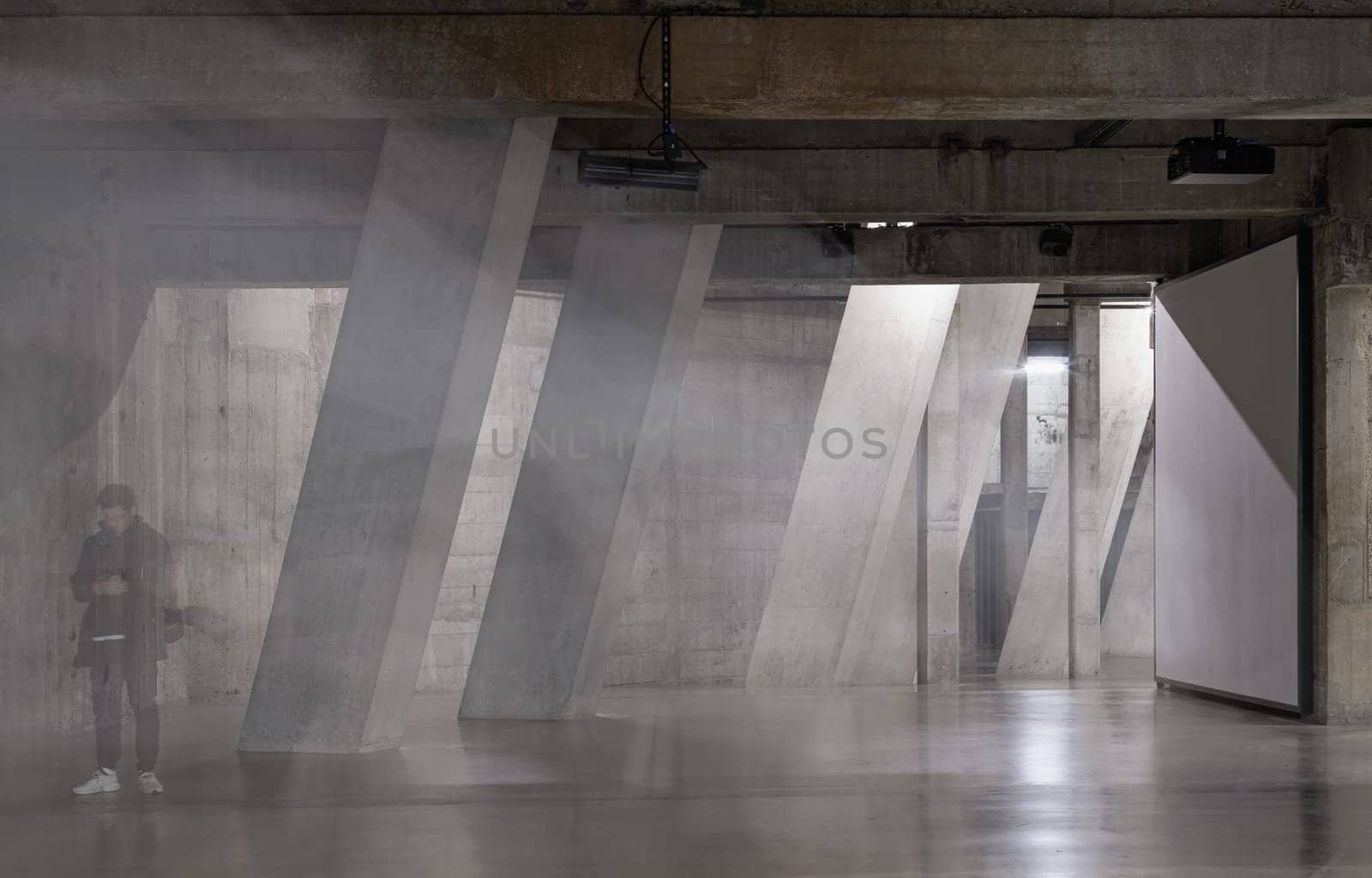 London, UK - Nov 07, 2023 - View of Concrete pillars inside Blavatnik Building of Tate Modern Switch House extension. Interior at Tate modern its distinctive and lattice brickwork. Angular structure, Space for text, Selective Focus.