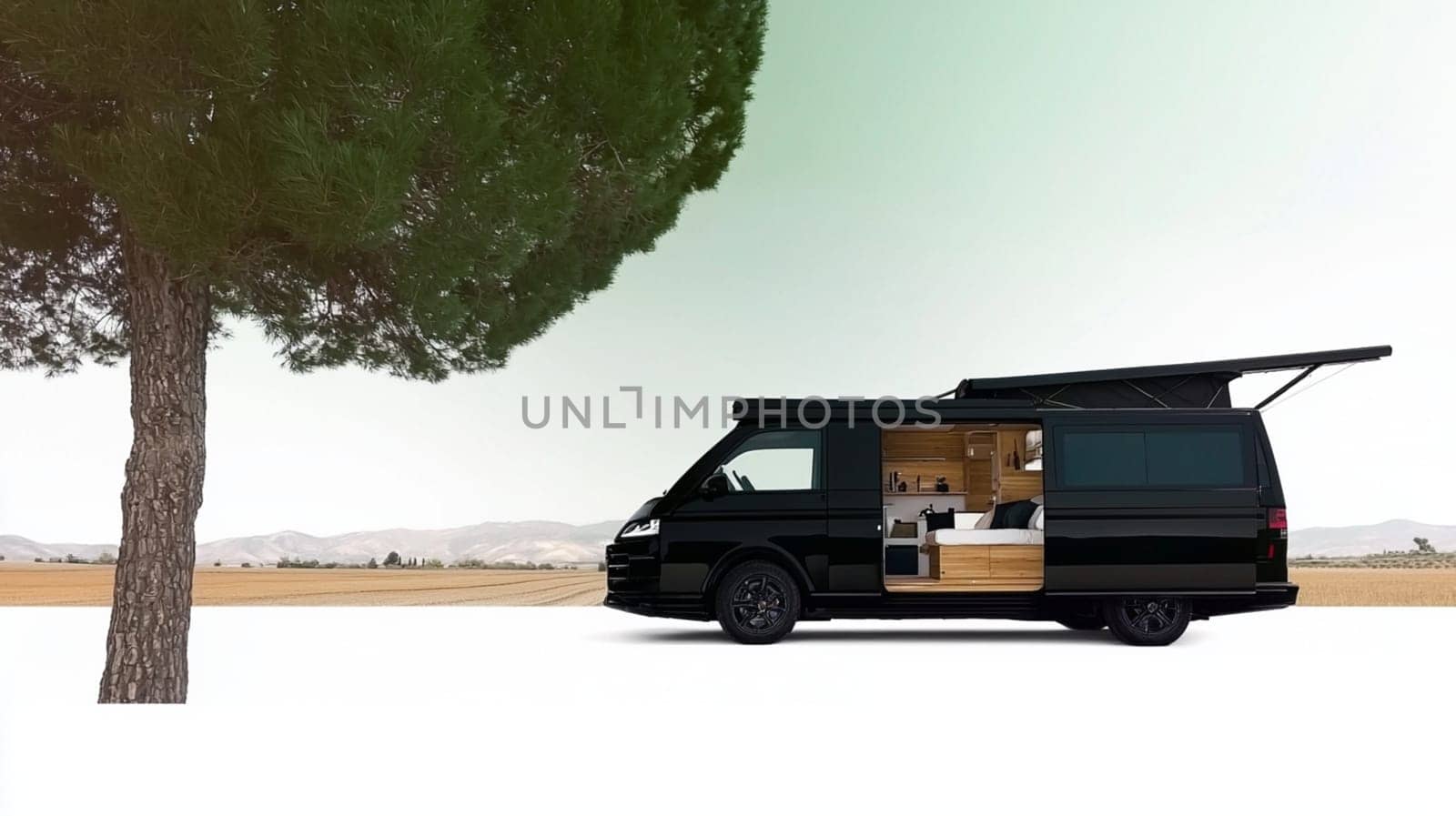 Luxurious camper van parked near a tree in the countryside, offering a peaceful and comfortable retreat for nature enthusiasts