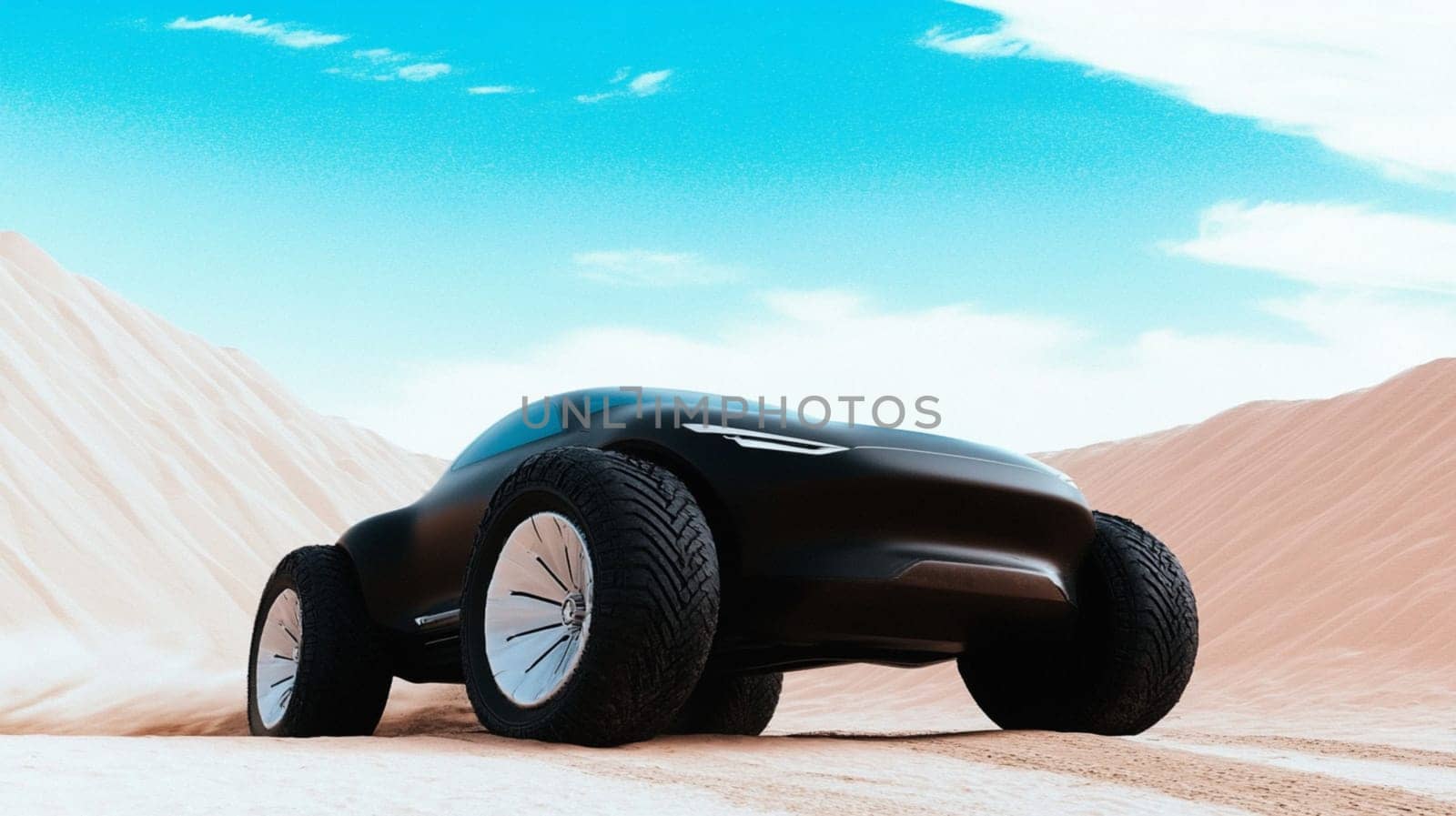 Driving a futuristic electric car across vast desert sand dunes, showcasing innovative design and technology in a luxurious off road adventure