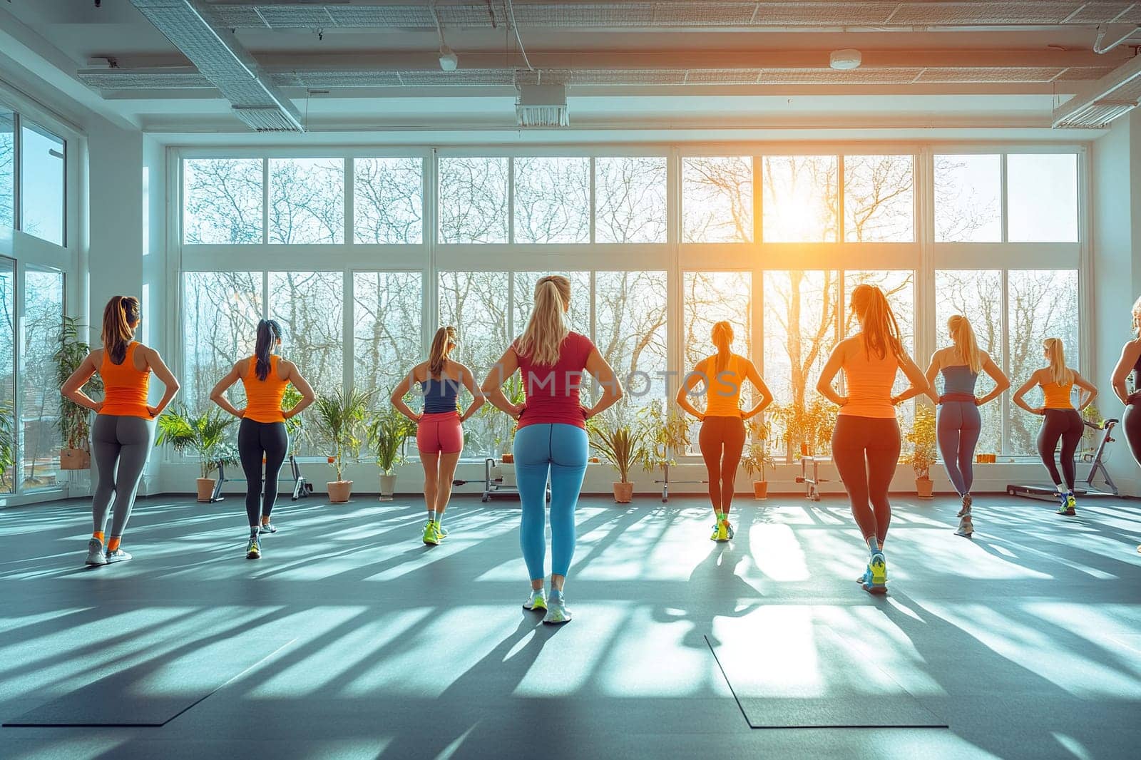 Rear view of a group of women working out with a trainer in a fitness center. Modern interior of a fitness room.