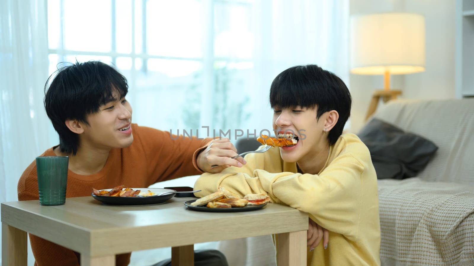 Romantic gay couple enjoys a casual meal together in living room.