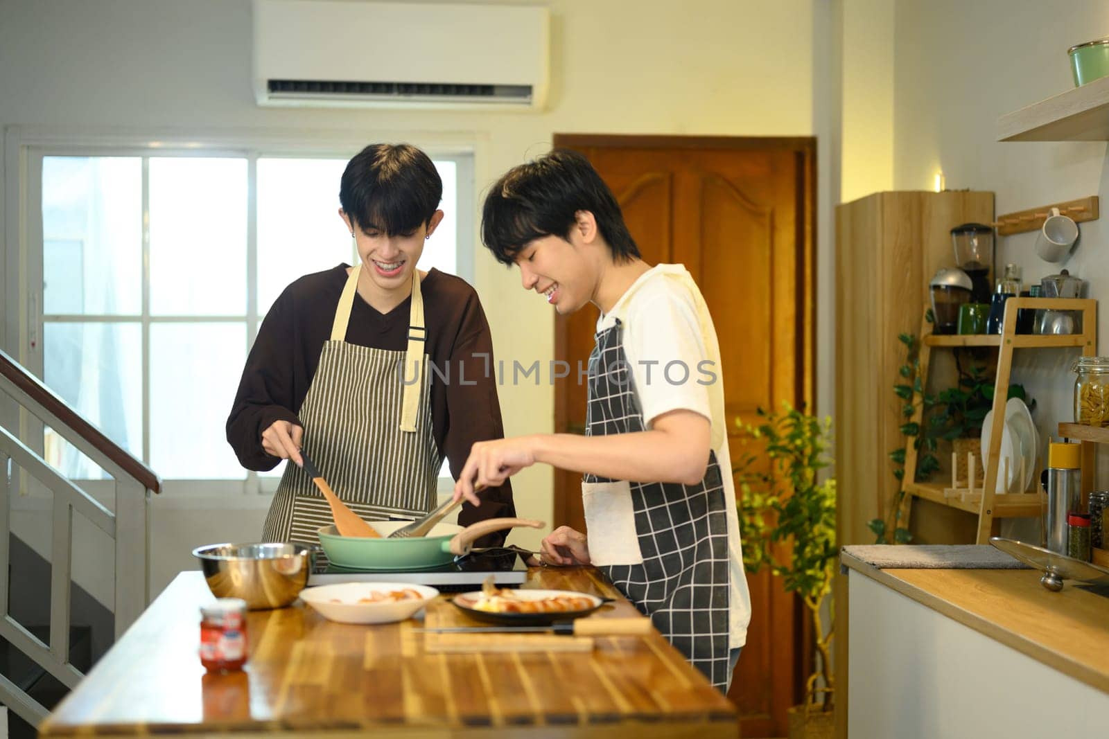 Joyful gay couple enjoys cooking together in their cozy kitchen.