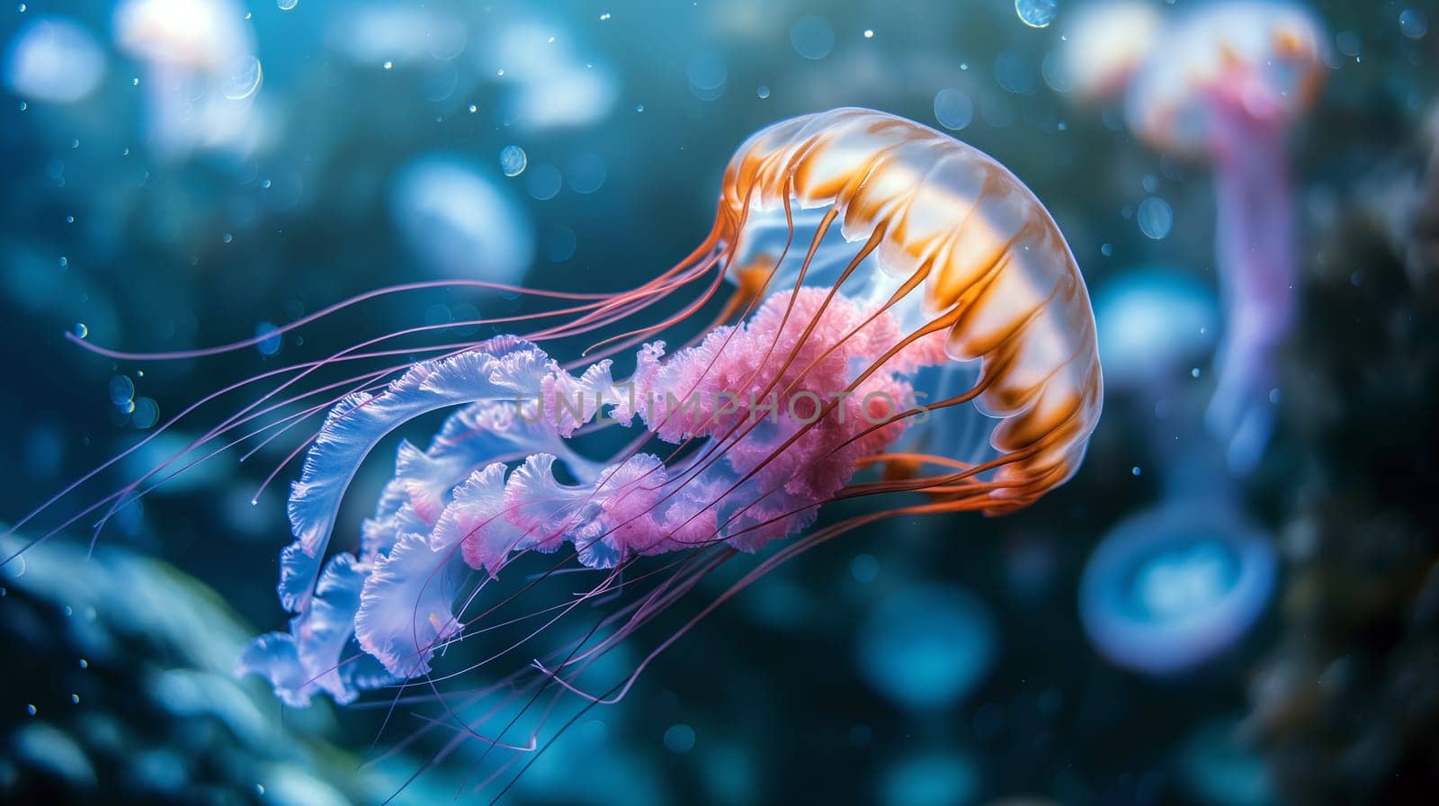 A jellyfish moves elegantly through clear, blue water, surrounded by colorful coral reefs and other marine life, creating a captivating underwater display - Generative AI