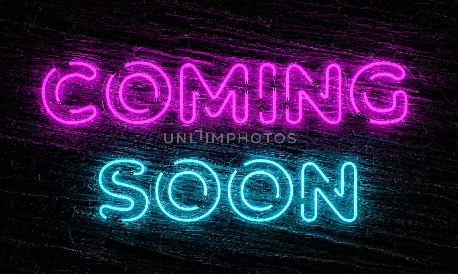 Coming soon neon sign on dark slate stone background 3d