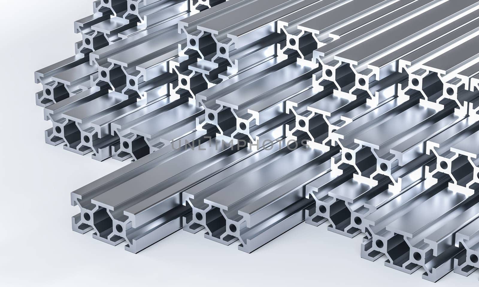 Stacked aluminum extruded profiles  industrial background 3d