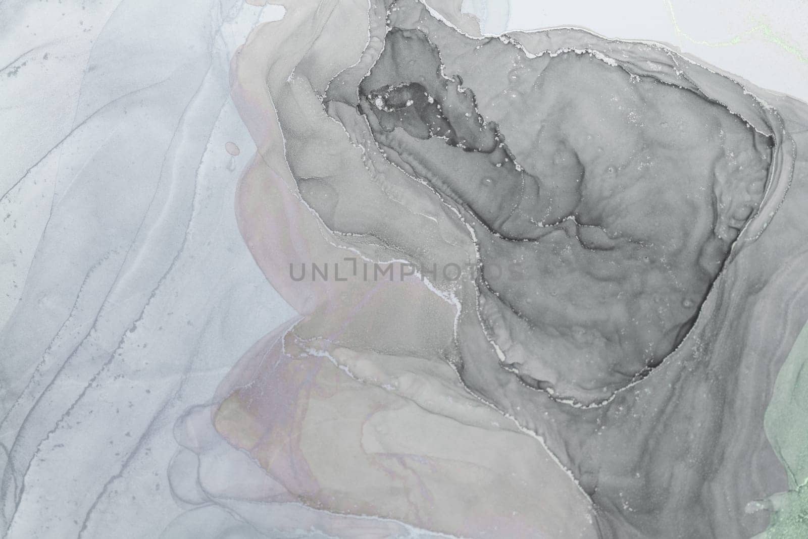 This captivating abstract artwork features flowing alcohol ink in various shades of gray, creating dynamic patterns and textures that evoke a sense of depth and movement.
