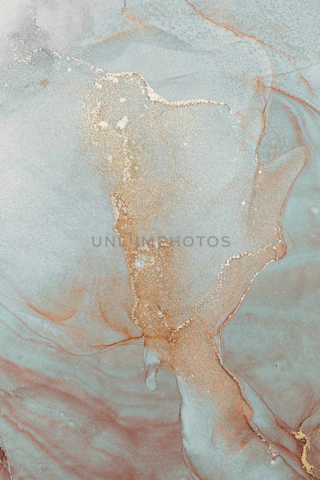 Swirling patterns of alcohol ink create a captivating abstract design with hints of gold, blue, and peach blending seamlessly, showcasing a fluid artistic expression ideal for modern decor.