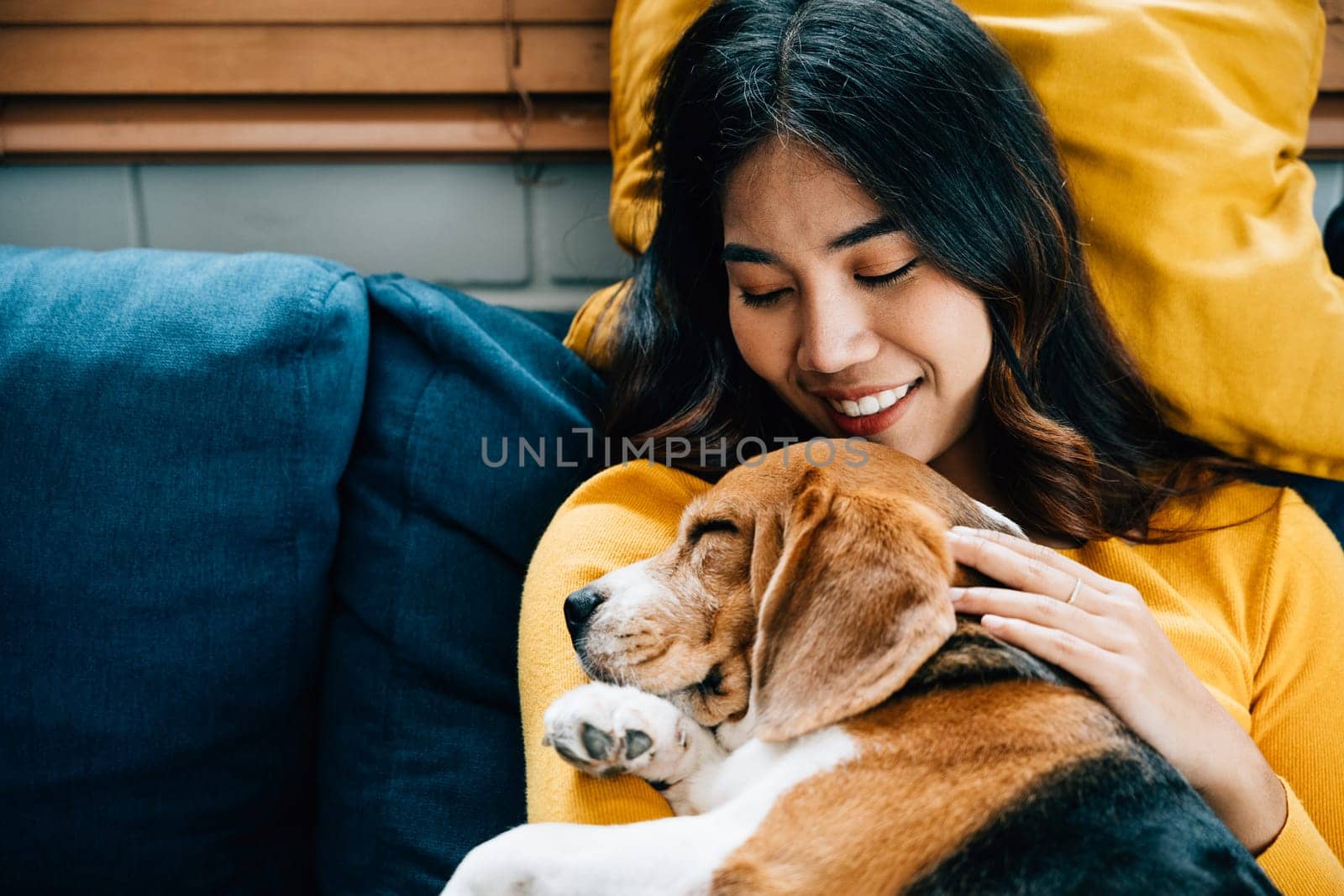 In the living room, a woman and her Beagle dog nap on the sofa, showcasing their friendship, trust, and the concept of best friends forever. It's a portrait of relaxation at home. Pet love
