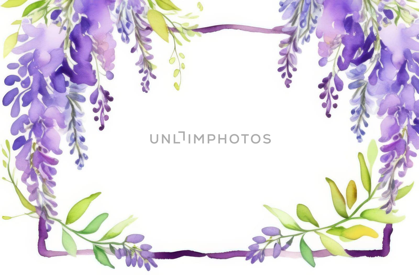 Frame of wisteria hang down. Watercolor painting on a white background