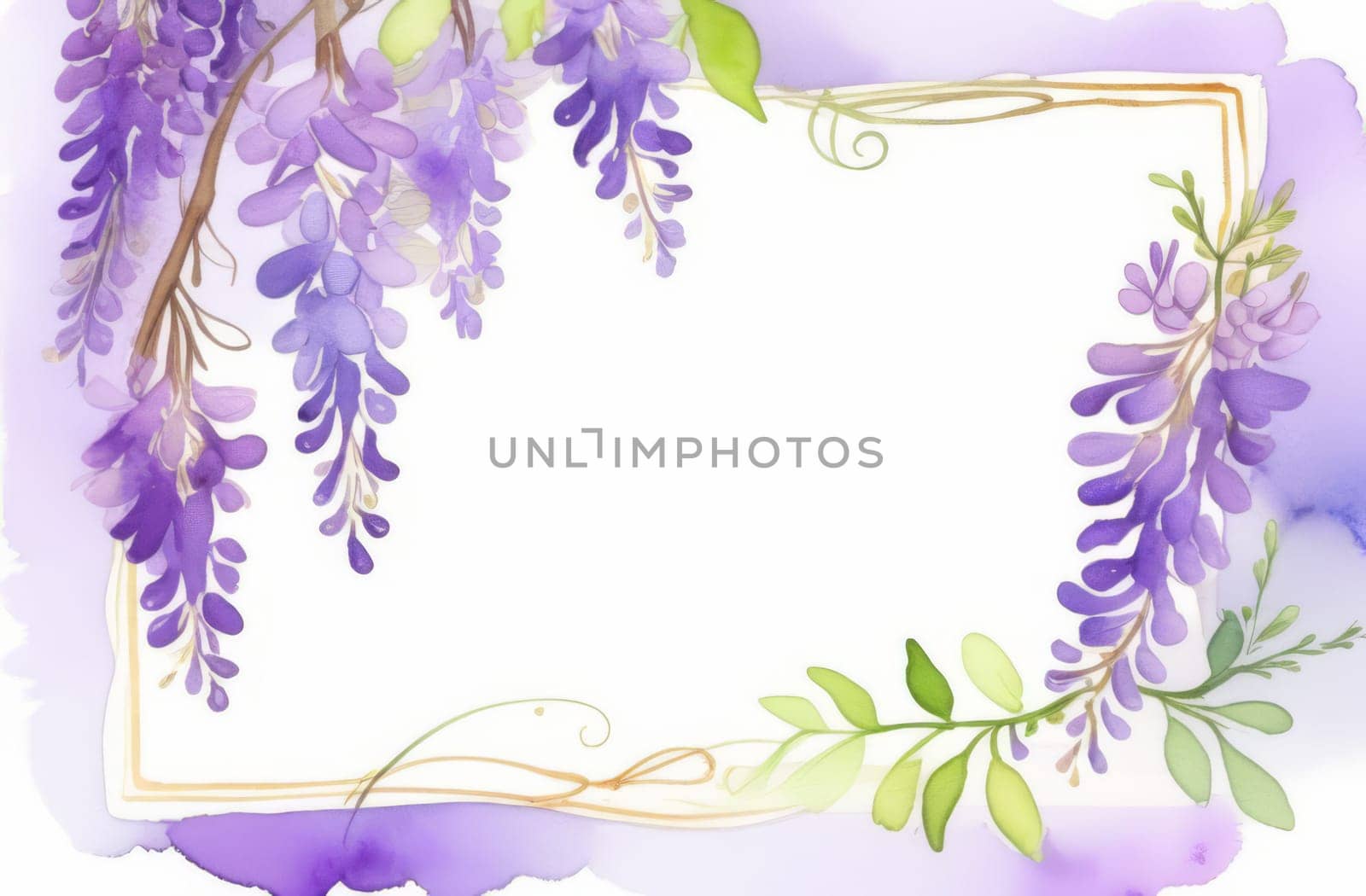 Frame of wisteria hang down. Watercolor painting on a white background