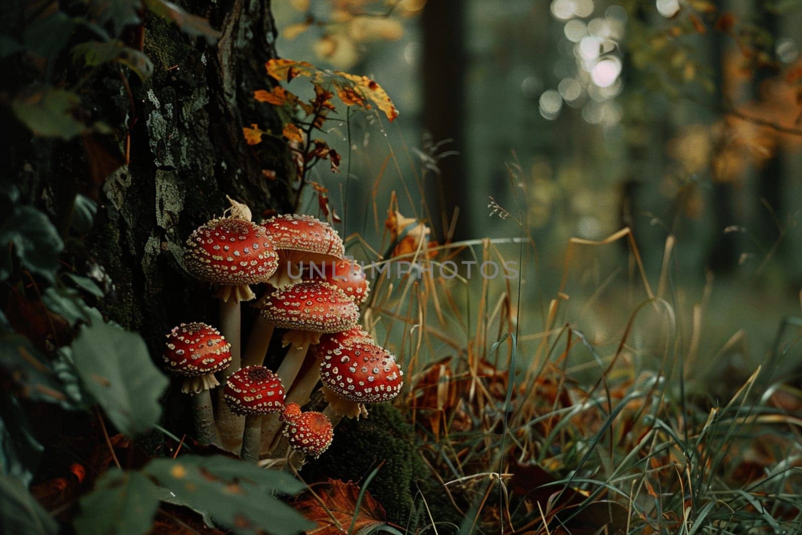 Red and white spotted fly agaric mushrooms growing in the grass by a tree trunk, illuminated by warm sunlight shining through the trees