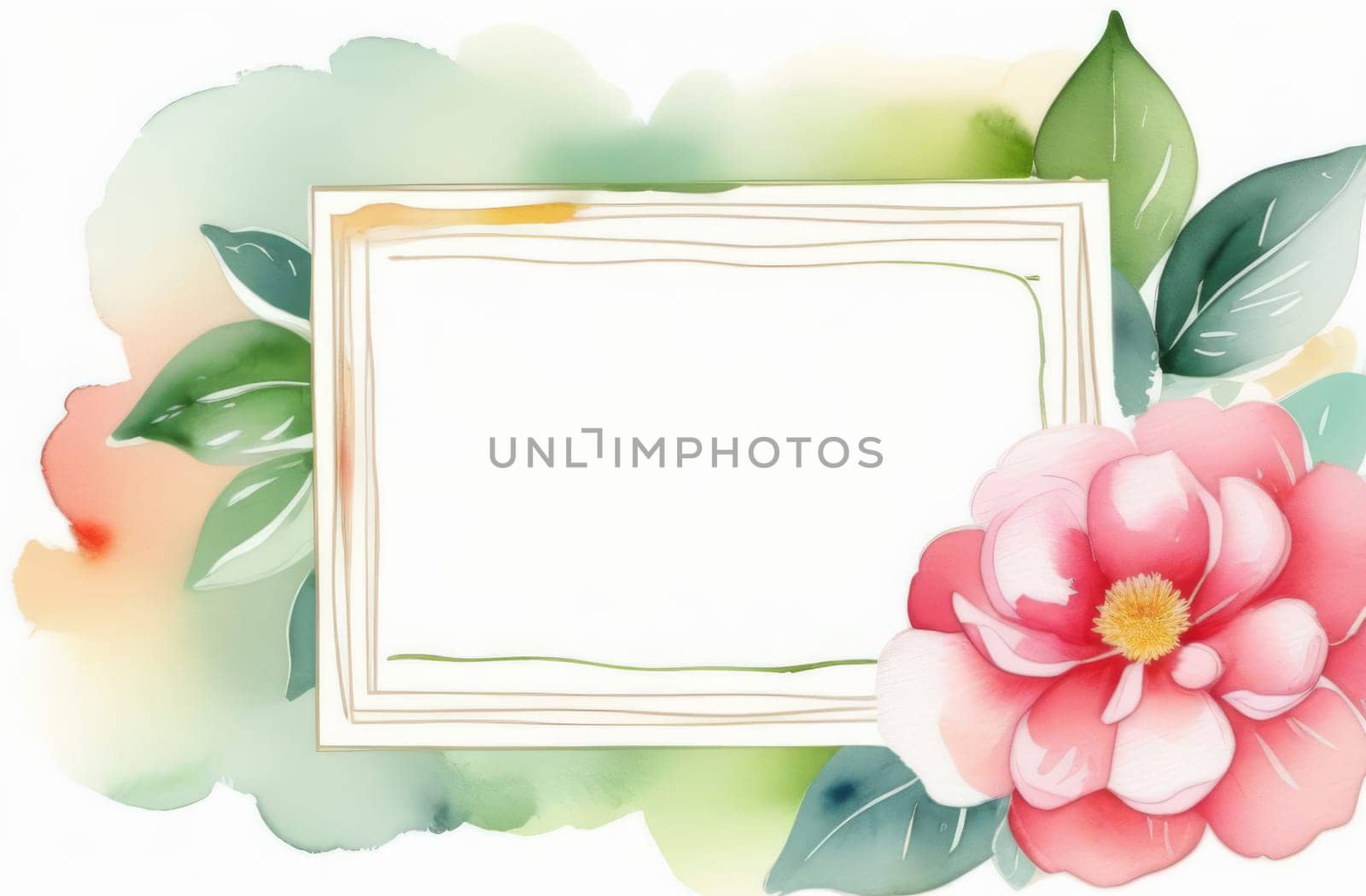 Frame with camellia. Watercolor painting on a white background