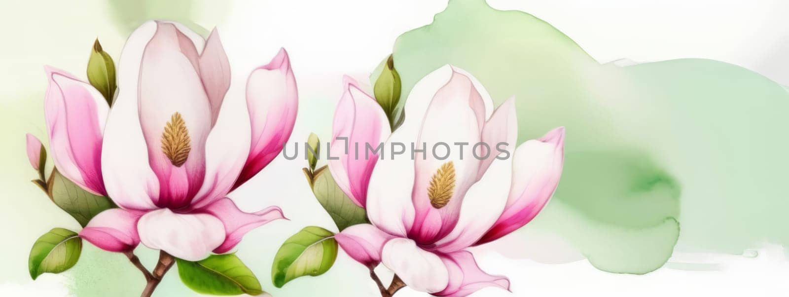 A botanical artwork depicting two pink magnolia with green leaves on a blank, white canvas. The delicate petals and vibrant colors highlight the beauty of this terrestrial plant