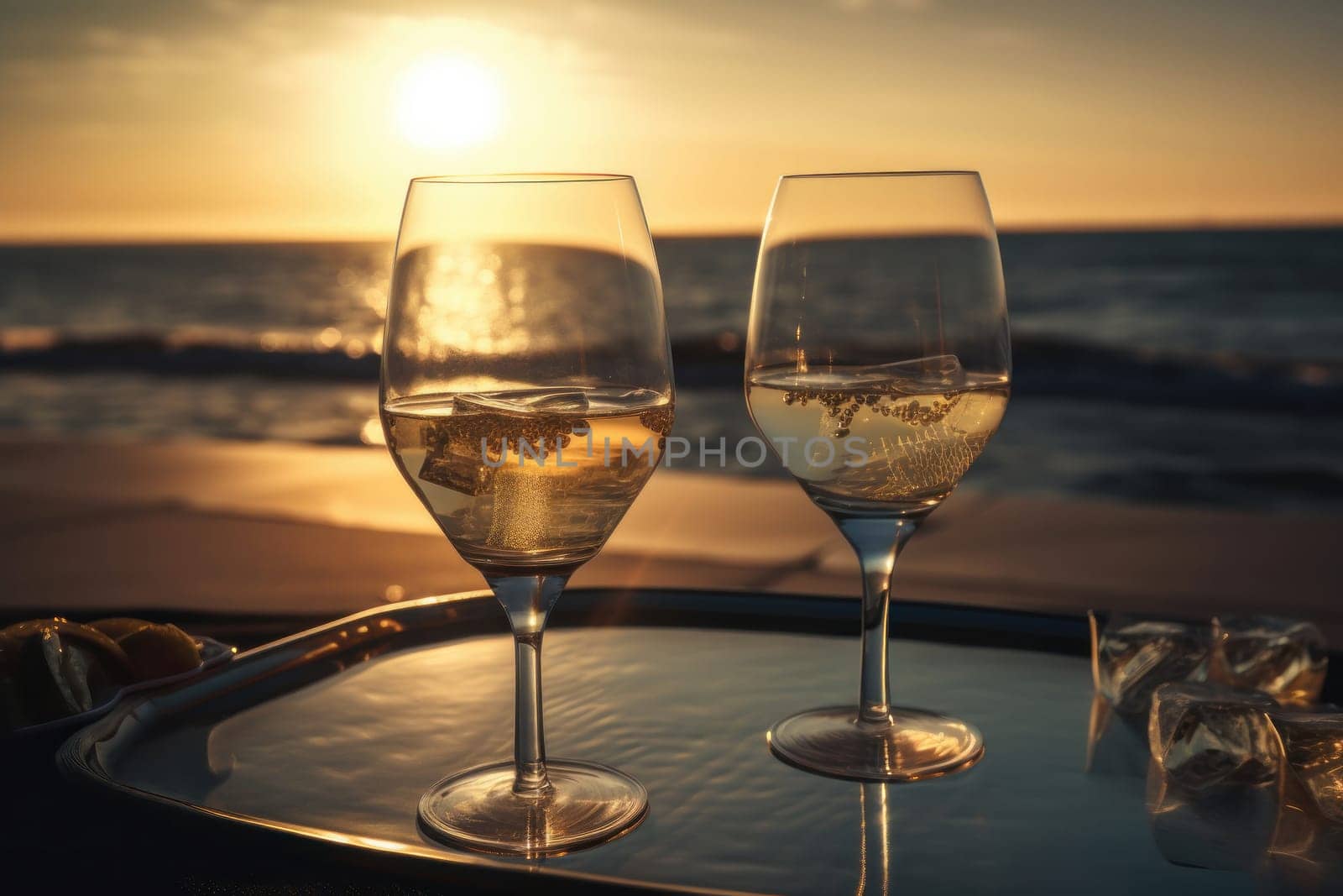 romance of a wedding anniversary with two champagne glasses at a golden sunset by Sorapop