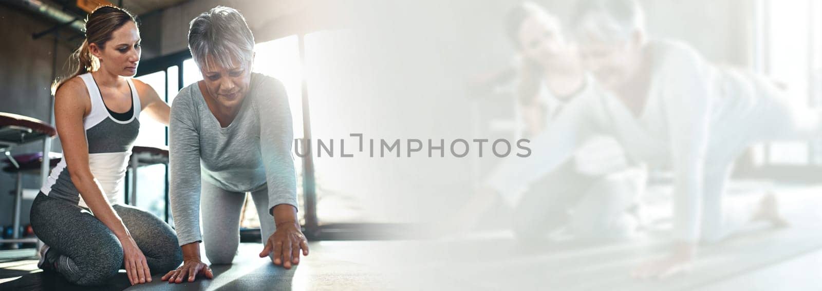 Fitness, mockup and mature woman in gym with personal trainer in workout, help and stretching on banner. Info space, exercise and senior person with physio challenge, motivation and double exposure