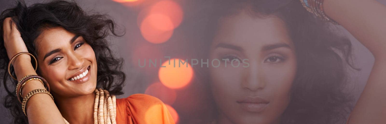 Happy woman, smile and beauty in portrait, double exposure and banner with mockup space and studio background. Bokeh, hair and Indian fashion model with style and clothes, overlay and cosmetic care.