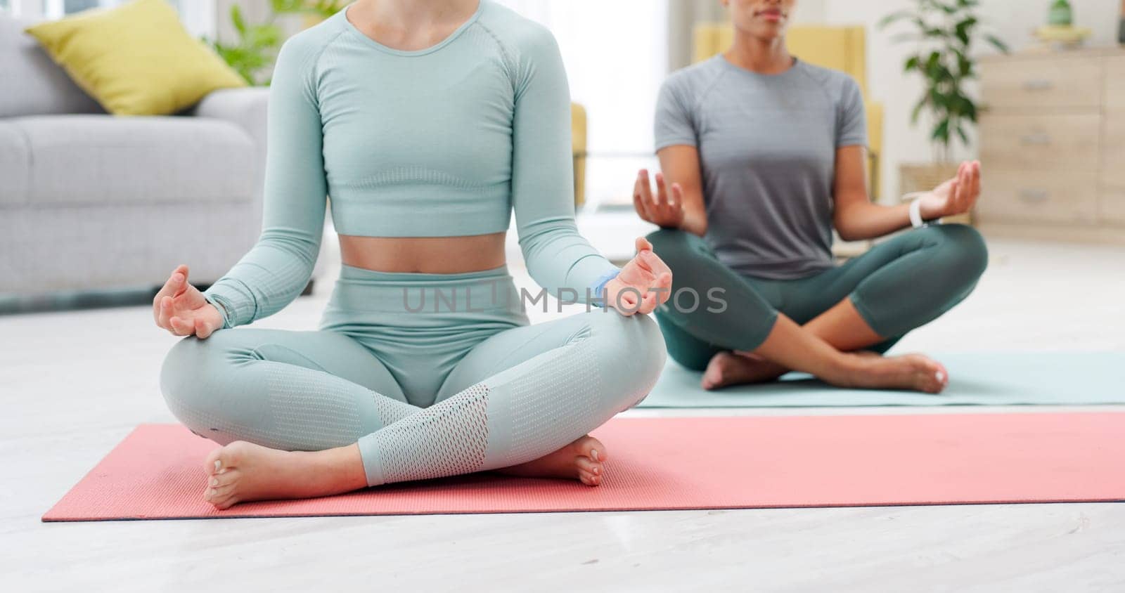 Women, yoga and meditation together with namaste, peace and ready with zen fitness in living room. Friends, personal trainer and exercise with health, workout or wellness in lounge with mindfulness.