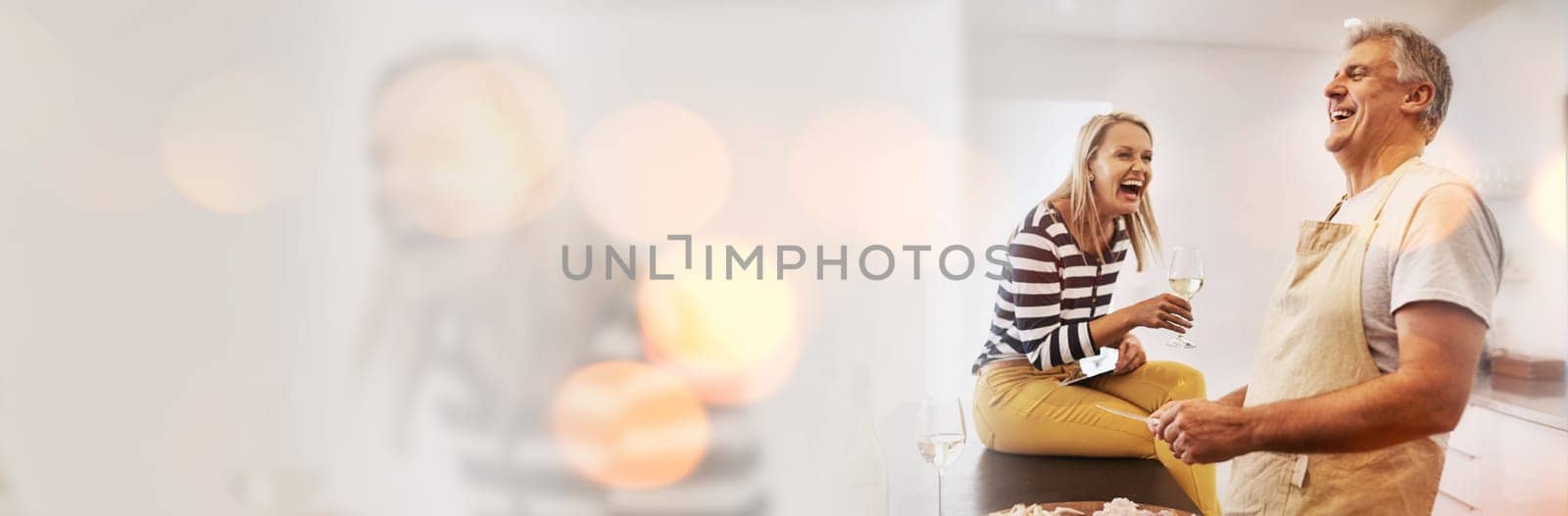 Laughing, double exposure and couple in kitchen with cooking, love and mockup space at home. Food, marriage and funny joke of happy people together with smile at a house with care and support.