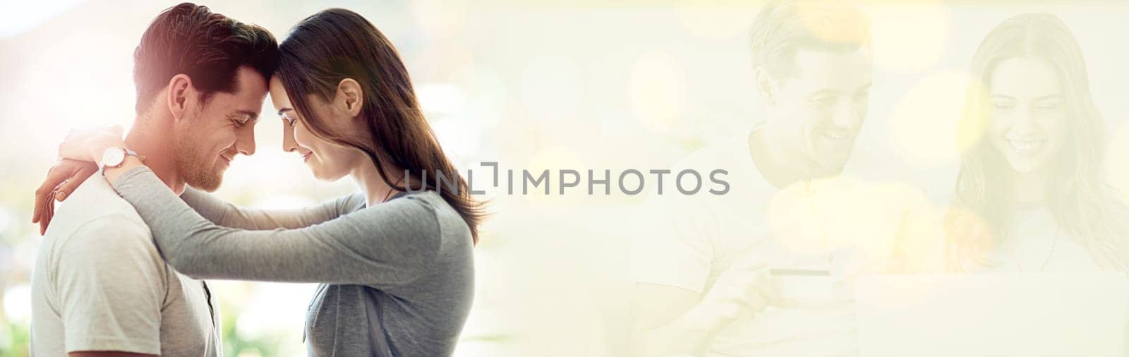 Forehead, love or happy couple hug by mockup space for romance, care or bond together in marriage. Intimate connection, peace or romantic people embrace to celebrate anniversary on date for support.