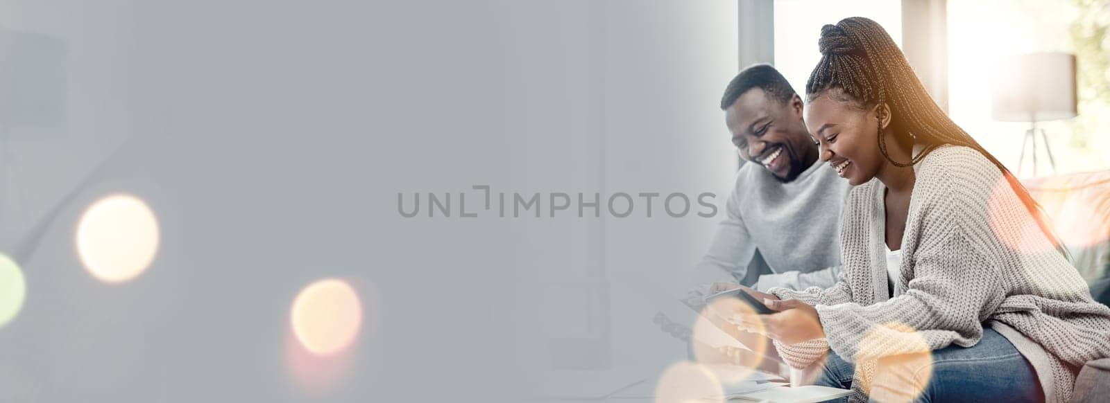 Bokeh, happy and young couple on sofa in the living room talking, bonding and laughing together. Love, smile and African man and woman in conversation sitting in the lounge of modern home with mockup.