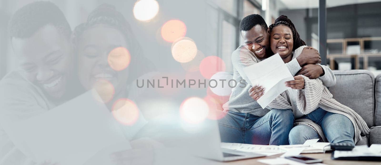 Couple, documents and hug for home budget, financial success or loan application on living room sofa and banner. African people with bank letter for mortgage, investment and love with double exposure.