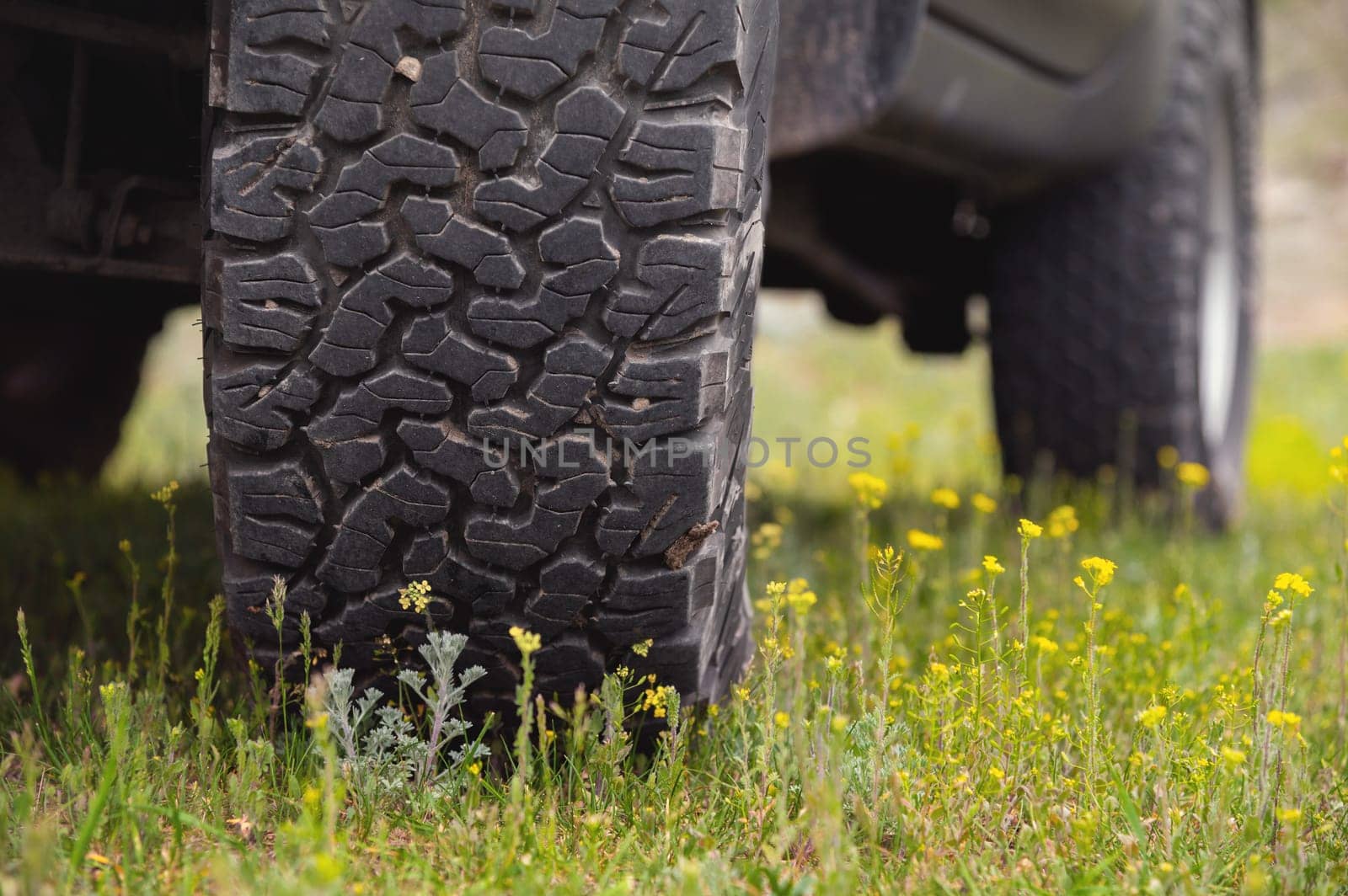 Transport, driving and car concept, close-up of a car wheel on green lush grass. A car wheel stands in the mountains in summer.