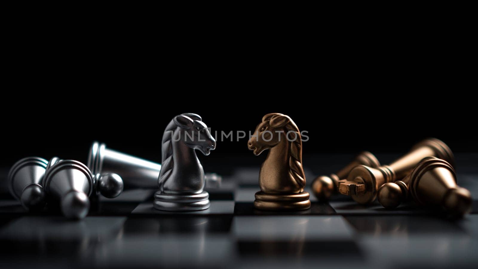 Gold and silver chess pieces in chess board game for business comparison. Leadership concepts, human resource management concepts, business administration concepts.