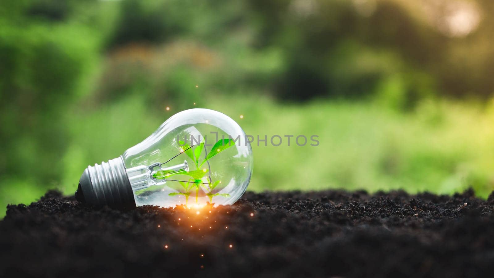 Concept of renewable energy, environmental protection, and sustainable renewable energy sources. Plants grow in light bulb placed on a soil surface and have a natural green background. Green energy concept. by Unimages2527