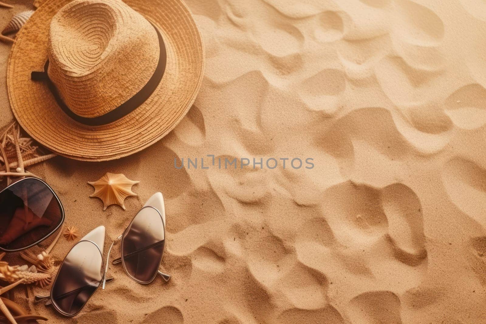 Coastal escape still life with seashells, starfish, and a hat on a sandy beach by Sorapop