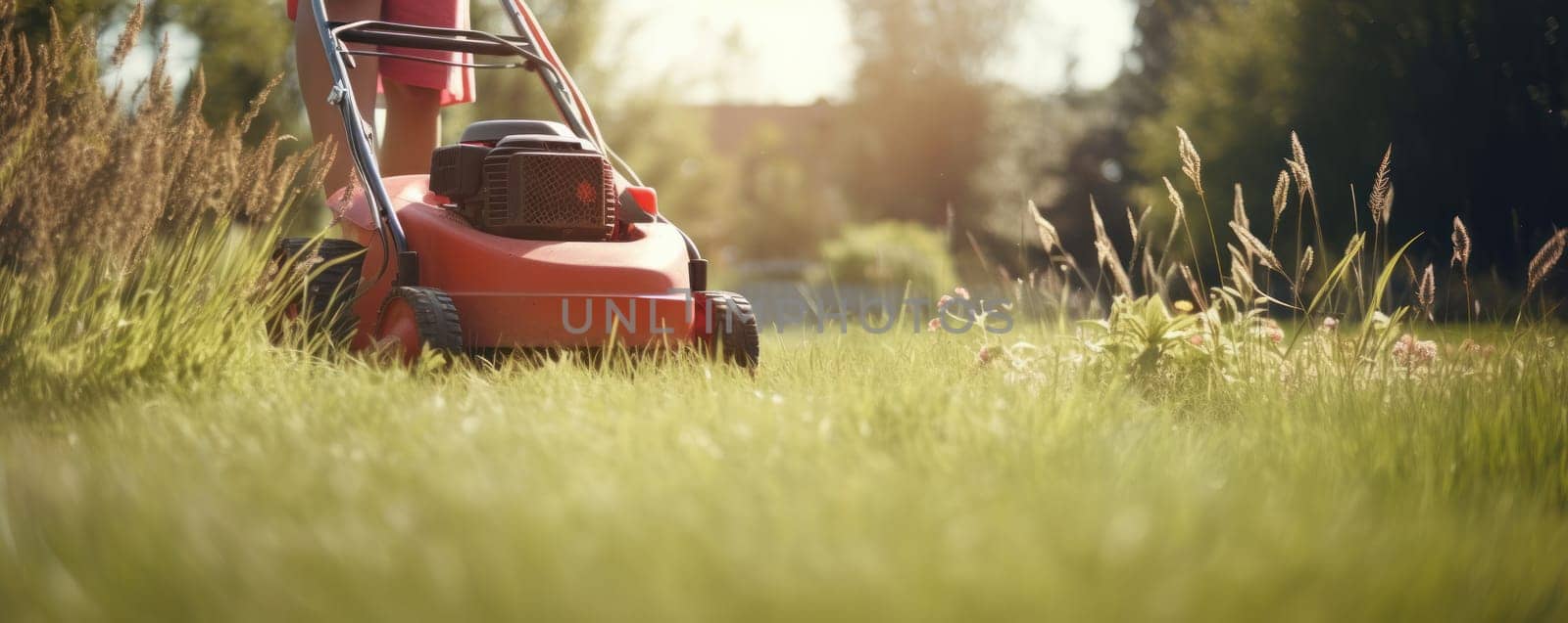 Hardworking woman wearing protective gear and cutting grass with a lawnmower on a sunny day. AI Generative.