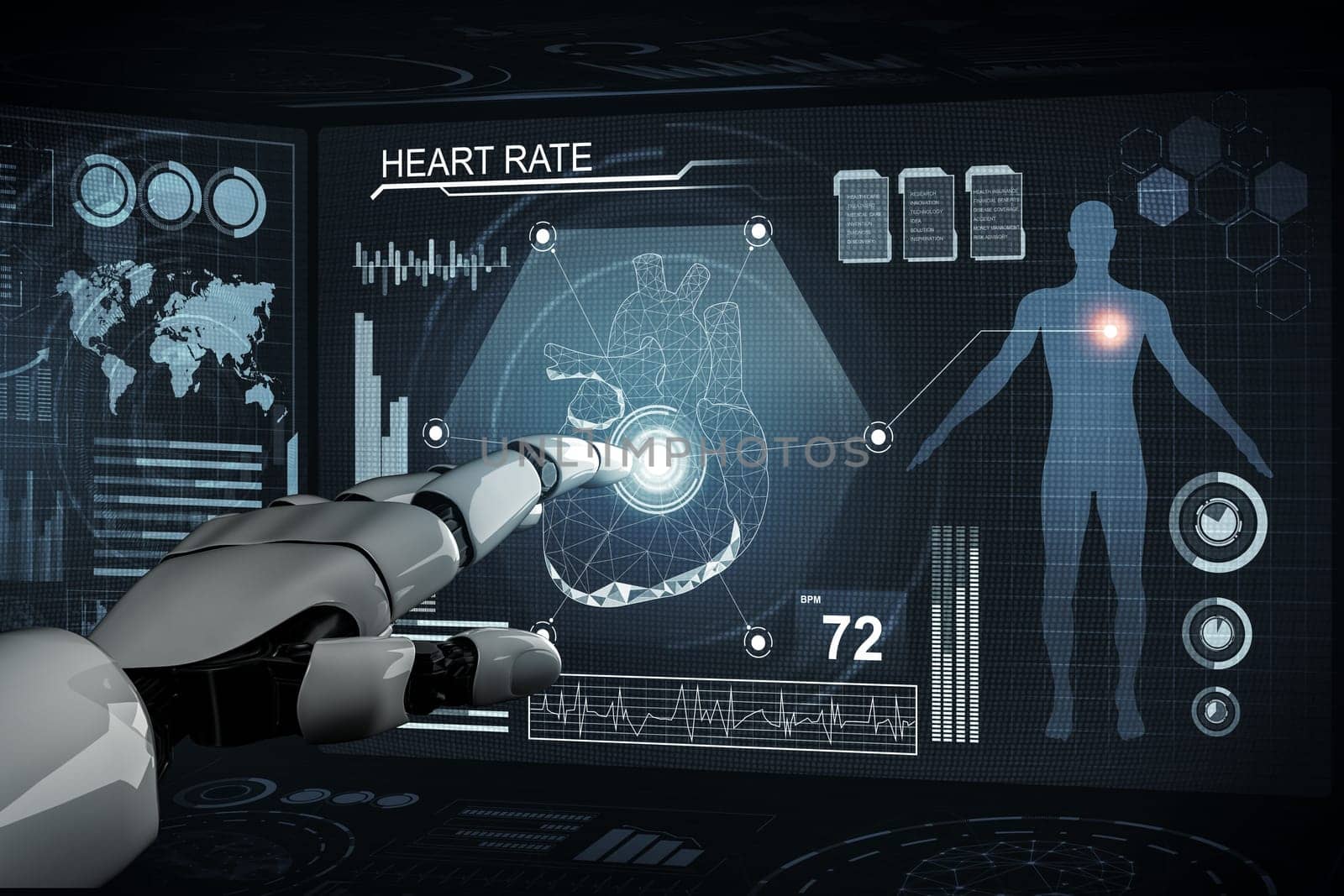 3D rendering medical artificial intelligence robot working in future hospital. Futuristic prosthetic healthcare for patient and biomedical technology concept.