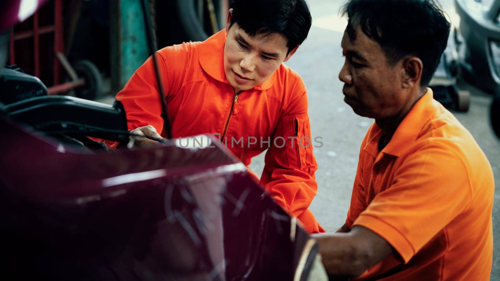 Panoramic banner automotive service mechanic inspect and diagnose car engine issue, repairing and fixing problem in workshop. Technician car care maintenance working on internal components. Oxus