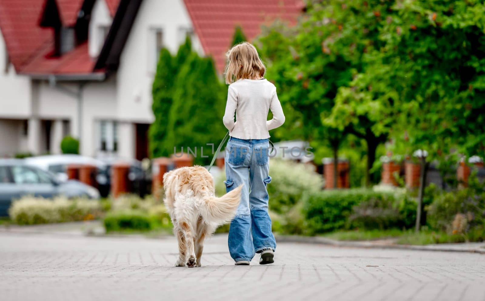 Preteen girl with golden retriever dog walking at city street. Pretty child kid with purebred pet doggy outdoors, view from back