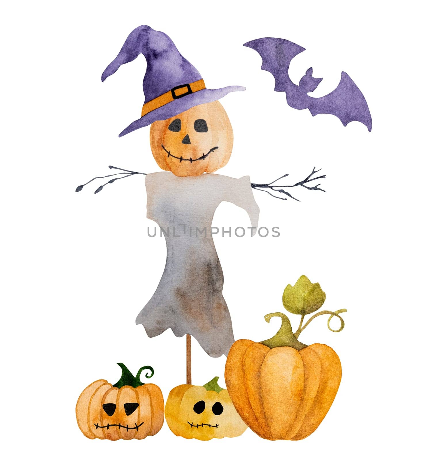 Halloween spooky scarecrow with pumpkin head and bats watercolor painting for postcard design. Creepy autumn holiday illustration