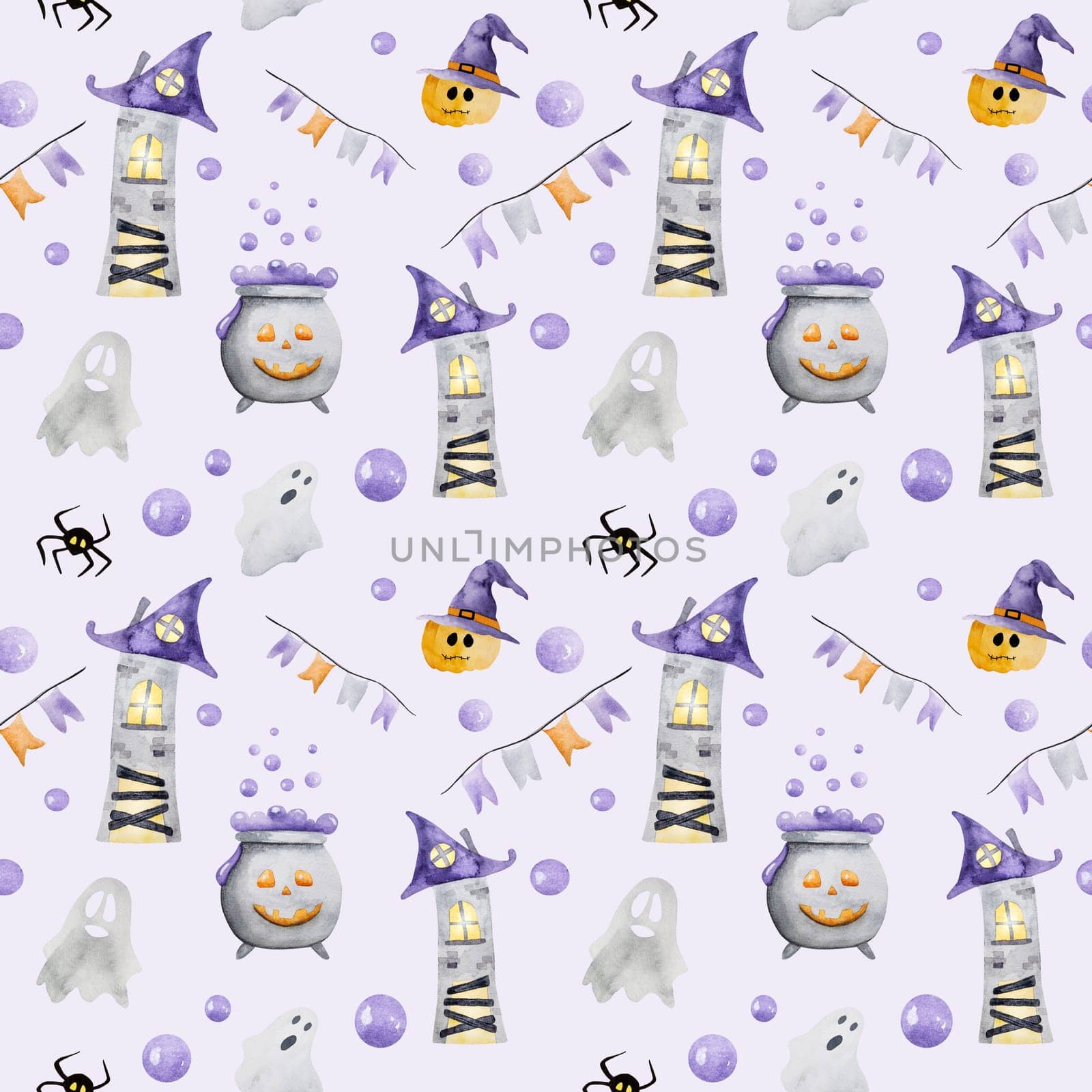 Halloween house with ghost and pumpkin watercolor art seamless pattern. Creepy autumn holiday drawing with mystery home